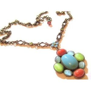 Kirk's Folly Designer Signed Aqua Green Pink Glass Stone Rhinestone‎ Necklace